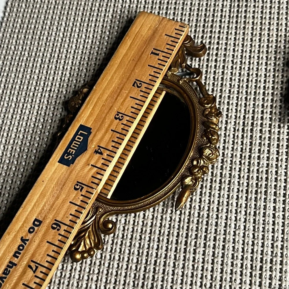 Vintage Made in Italy Ornate Brass Oval Frames Black Convex Glass Pair 4.25